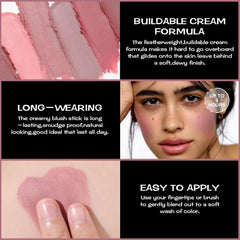 FOCALLURE model applying dusty orchid on cheeks for natural flushed benefit