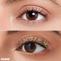 FOCALLURE lashes before and after demonstrating visible gold shimmer without clumping