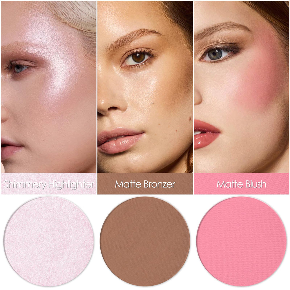 FOCALLURE open palette top-down view displaying bronzer, blush, and highlighter trio