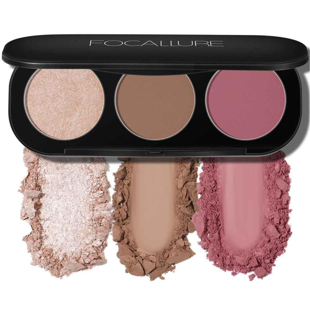 FOCALLURE palette front packaging showing three shades and compact design benefit portability
