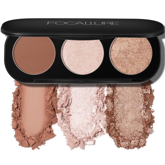 FOCALLURE palette front view showing three pans and mirror for portable glow