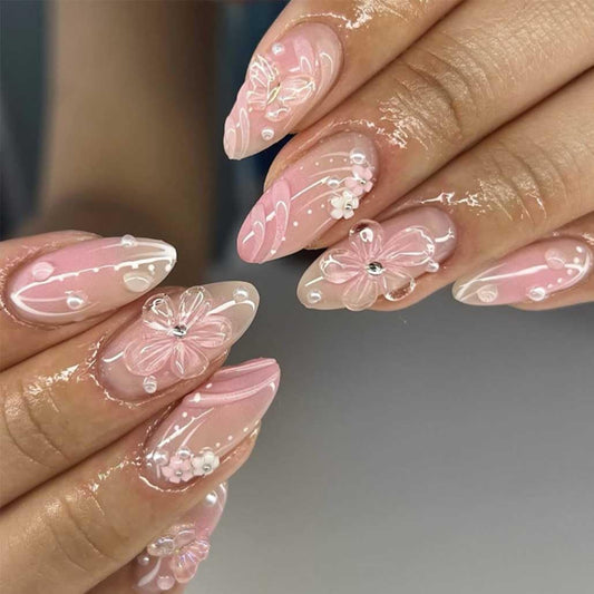 Foccna front packaging showing 24-piece almond press on nails and included accessories for quick application