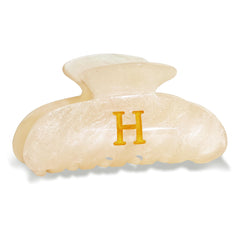 Fohufo Letter H clip front view showing polished acrylic and glittered monogram for style