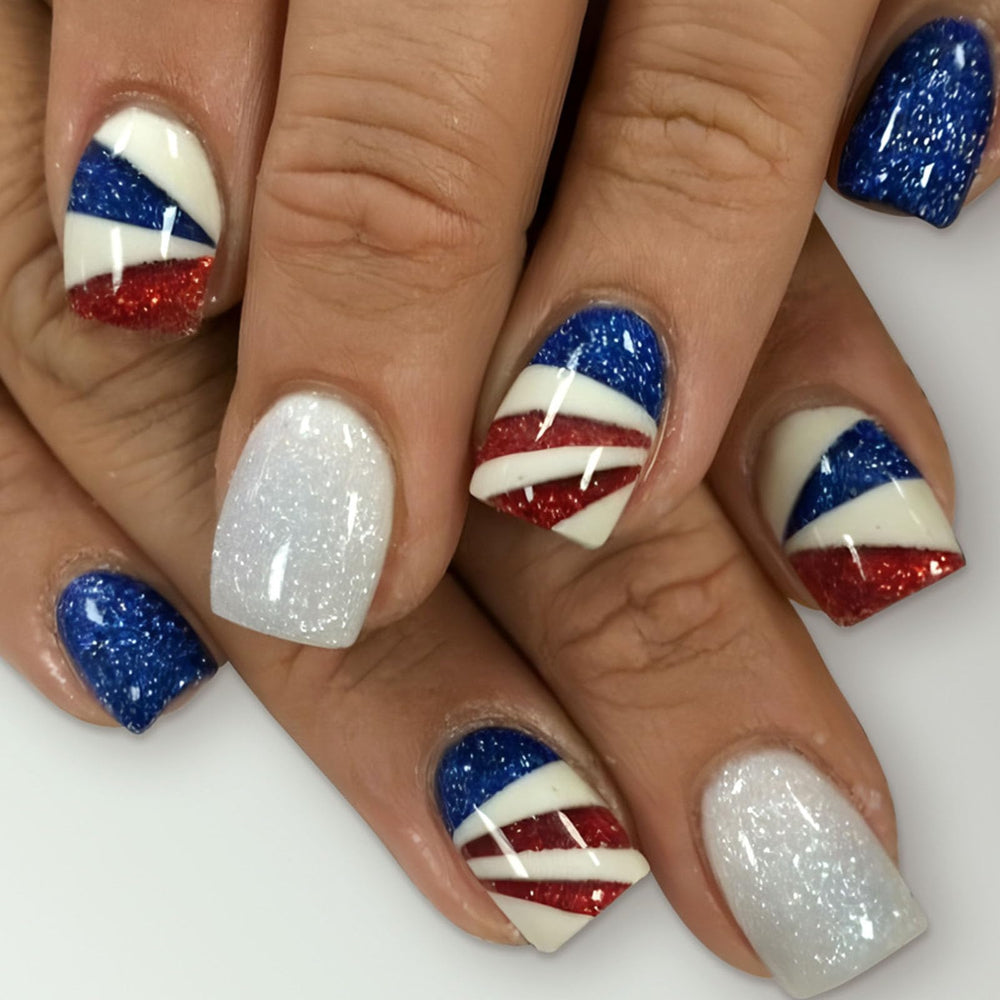 FOLONRAL front packaging showing 24 patriotic press-on nails, ready-to-wear benefit