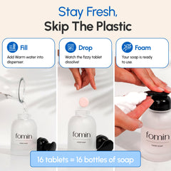 FOMIN dissolving tablet in glass bottle demonstrating easy refill and fast mix
