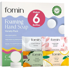 FOMIN front packaging shows six-count variety pack and eco messaging for convenience