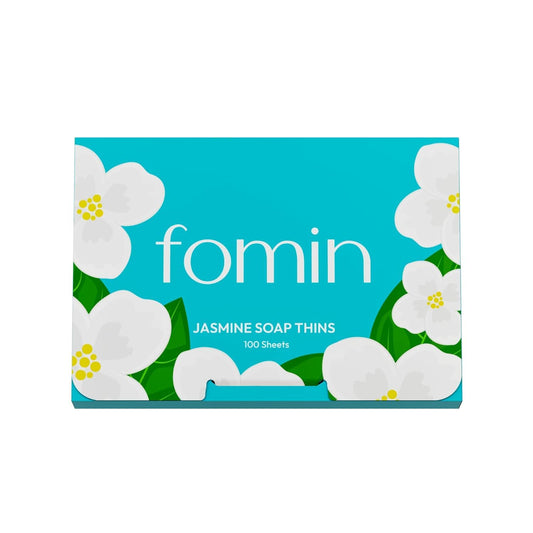 FOMIN front packaging showing 100 jasmine soap sheets and compact benefit