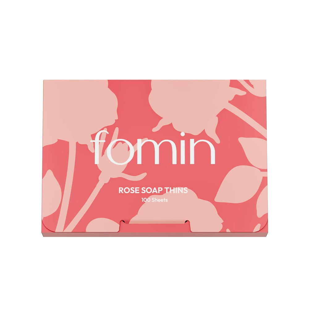 FOMIN front packet showing 100 rose soap sheets and travel-friendly size benefit