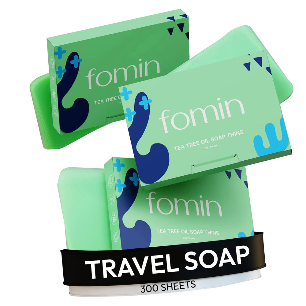 FOMIN front packaging showing tea tree sheets and compact benefits