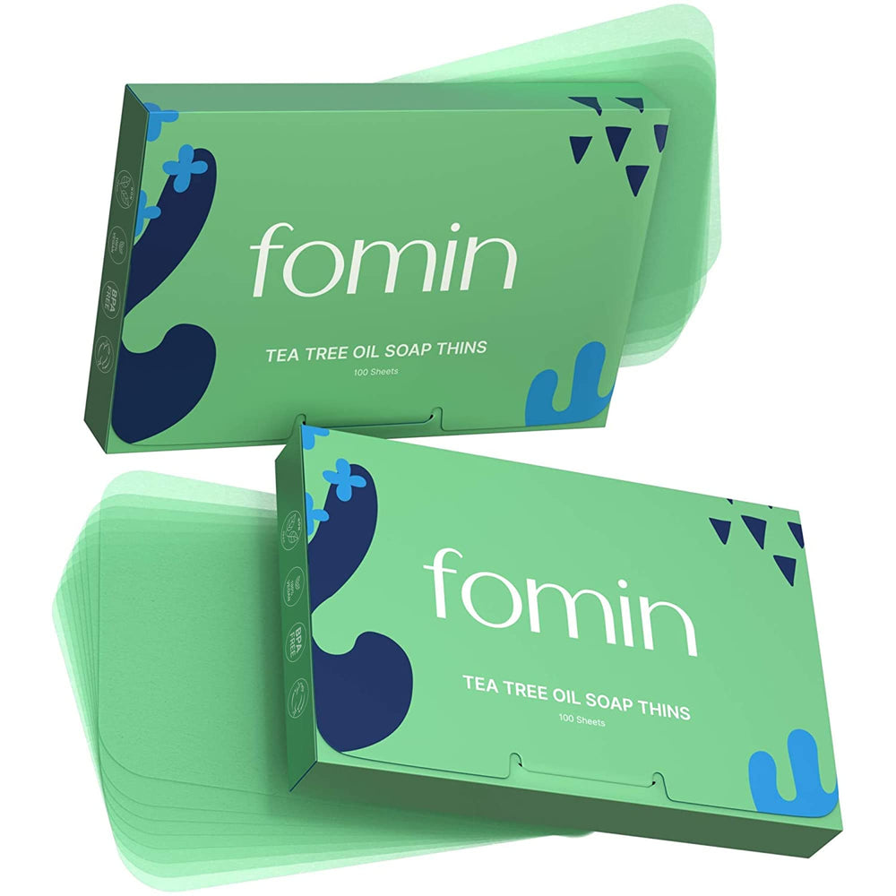 FOMIN front packaging showing compact 200-sheet travel soap for easy portability and hygiene