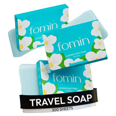 FOMIN front packaging showing compact 300-sheet travel pack and convenience