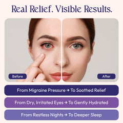 FOMIN mask worn by relaxed woman illustrating reduced eye tension and calm