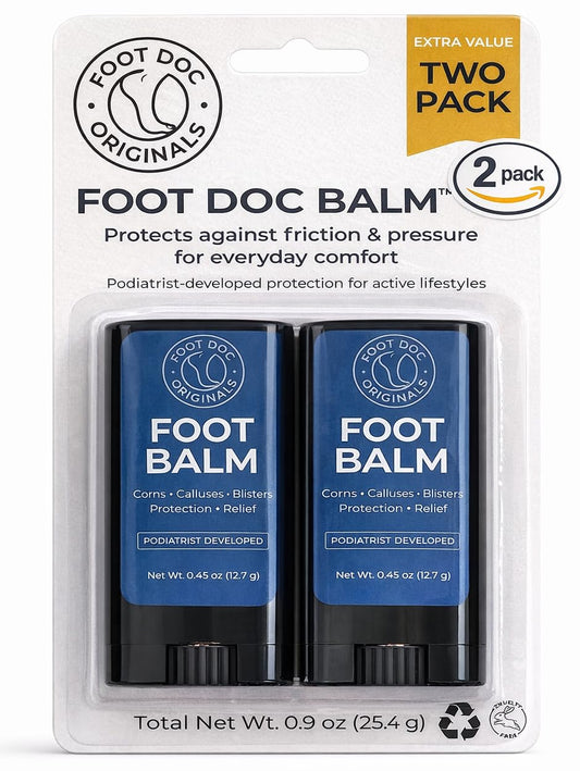 Foot Doc Originals front packaging showing two balm sticks and benefits