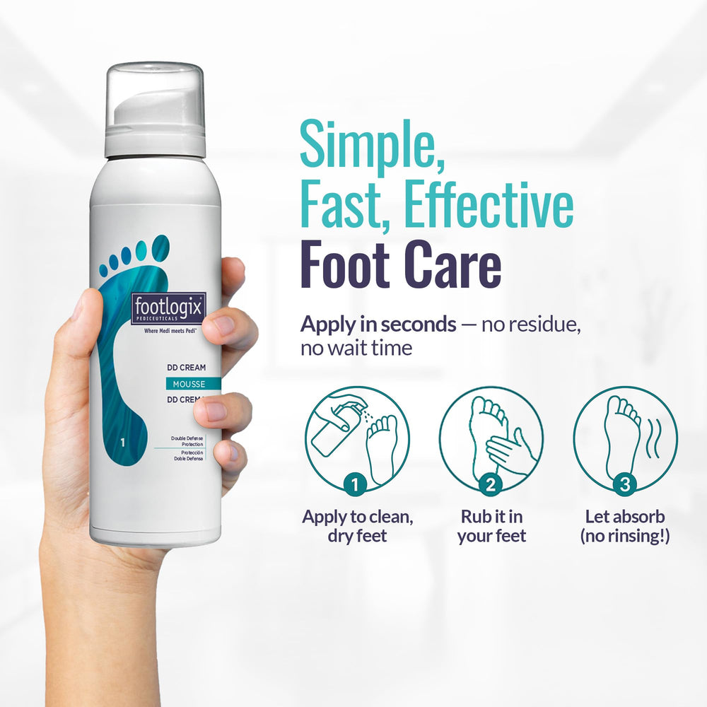 Footlogix applying mousse to heels showing hydration and comfort benefit