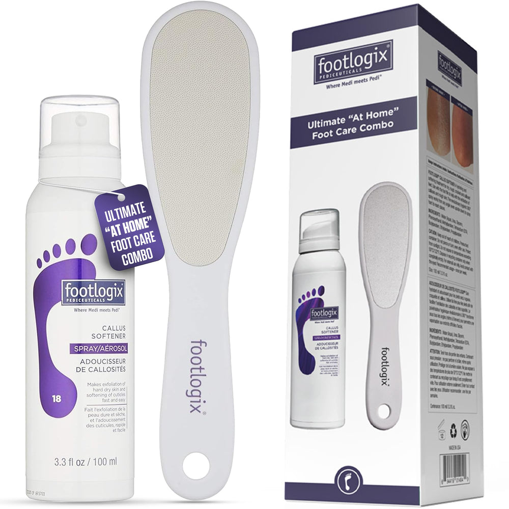 Footlogix front packaging showing callus softener combo and benefit of smoother feet