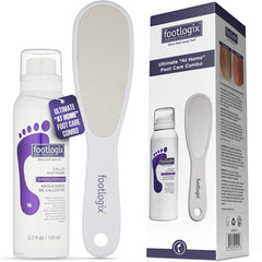 Footlogix front packaging showing callus softener combo and benefit of smoother feet