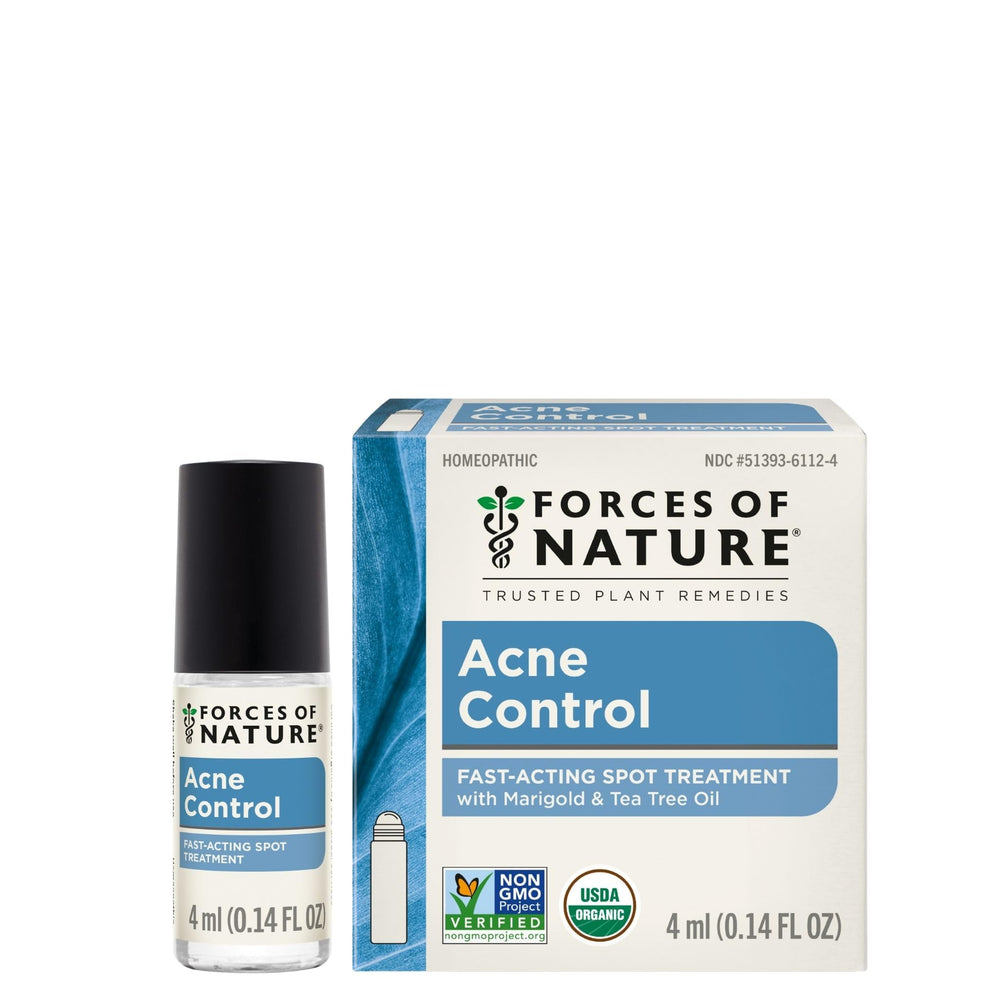 Forces of Nature front packaging showing organic acne roller and benefits