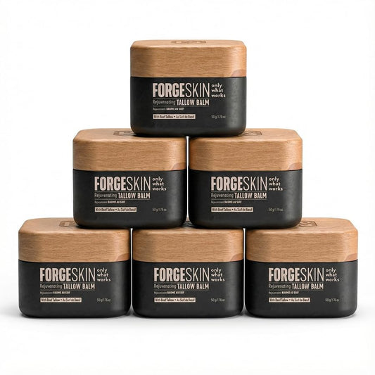 Forge Skin front tin showing product branding and compact travel size benefit