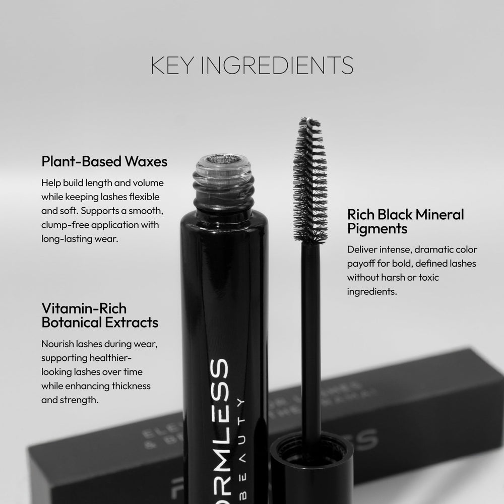 Formless Beauty Elevate Mascara held in hand to show size and portability for travel convenience