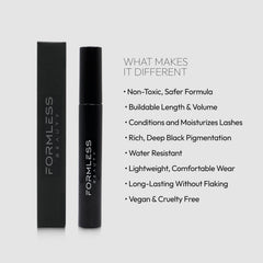 Formless Beauty mascara texture swatch on skin demonstrating rich black pigment and smooth formula