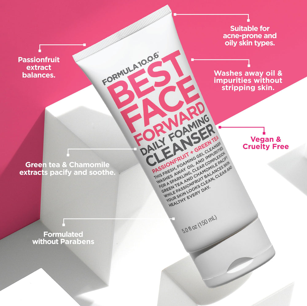 FORMULA 10.0.6 close-up ingredient panel highlighting green tea and chamomile benefits