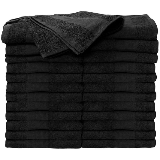 ForPro black 24-count towel pack showing neat stack and professional look for salons