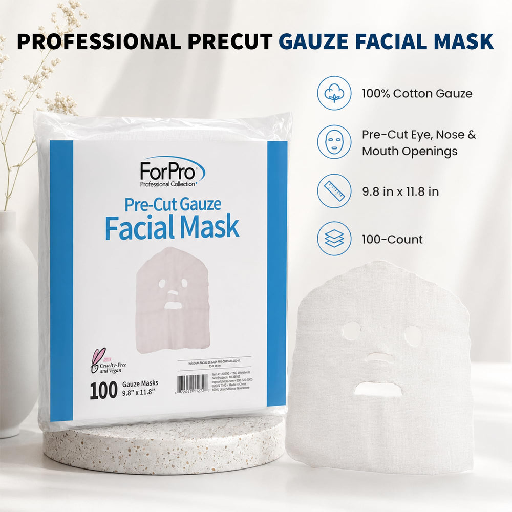 ForPro precut gauze mask stacked sheets next to label highlighting 100-count supply for busy salons