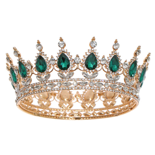 FORSEVEN front view of gold and green crystal crown showing regal design benefit