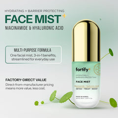 Fortify Skincare pump nozzle close-up highlighting even mist delivery benefit