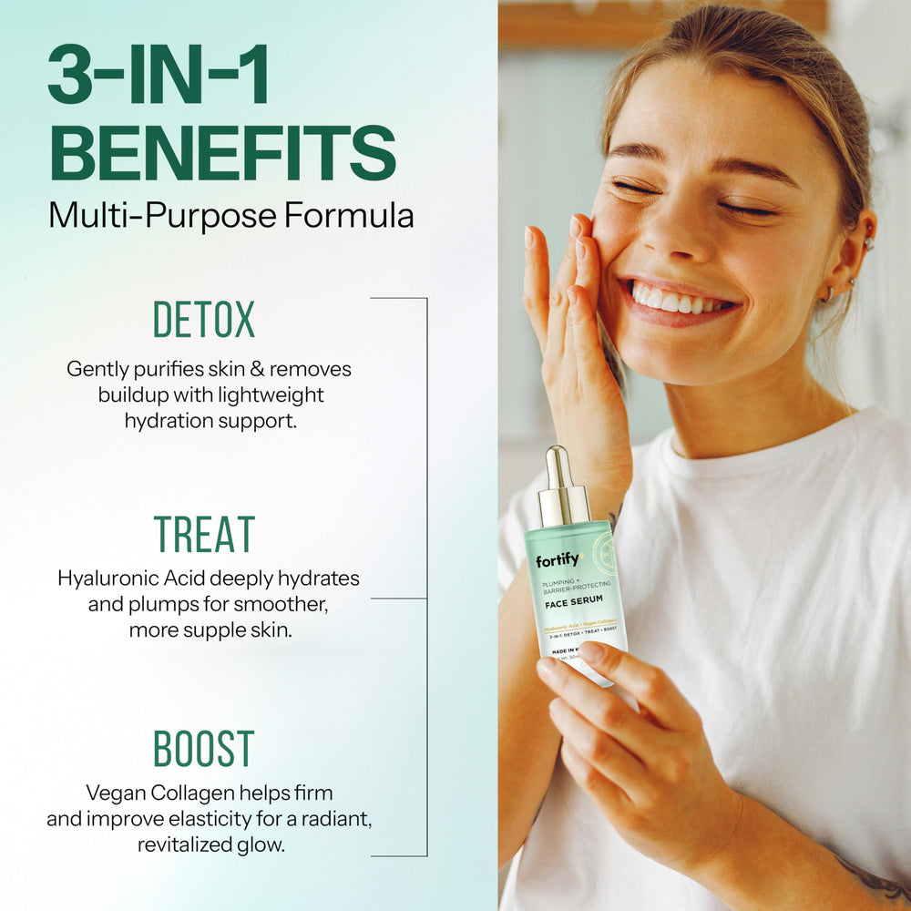 Fortify Skincare bottle next to ruler showing 1.69 oz size and travel-friendly benefit