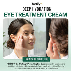 Fortify Skincare applying cream under eye to reduce puffiness effectively
