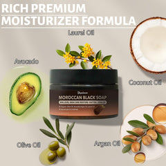 forvirness black soap spread on skin with kessa mitt showing exfoliation prep