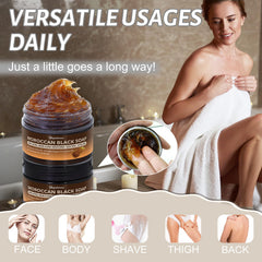forvirness black soap styled in bathroom setting conveying relaxing hammam ritual