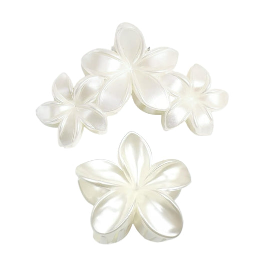 Fosrisix front view of pearl white plumeria claw clips shows elegant floral accessory