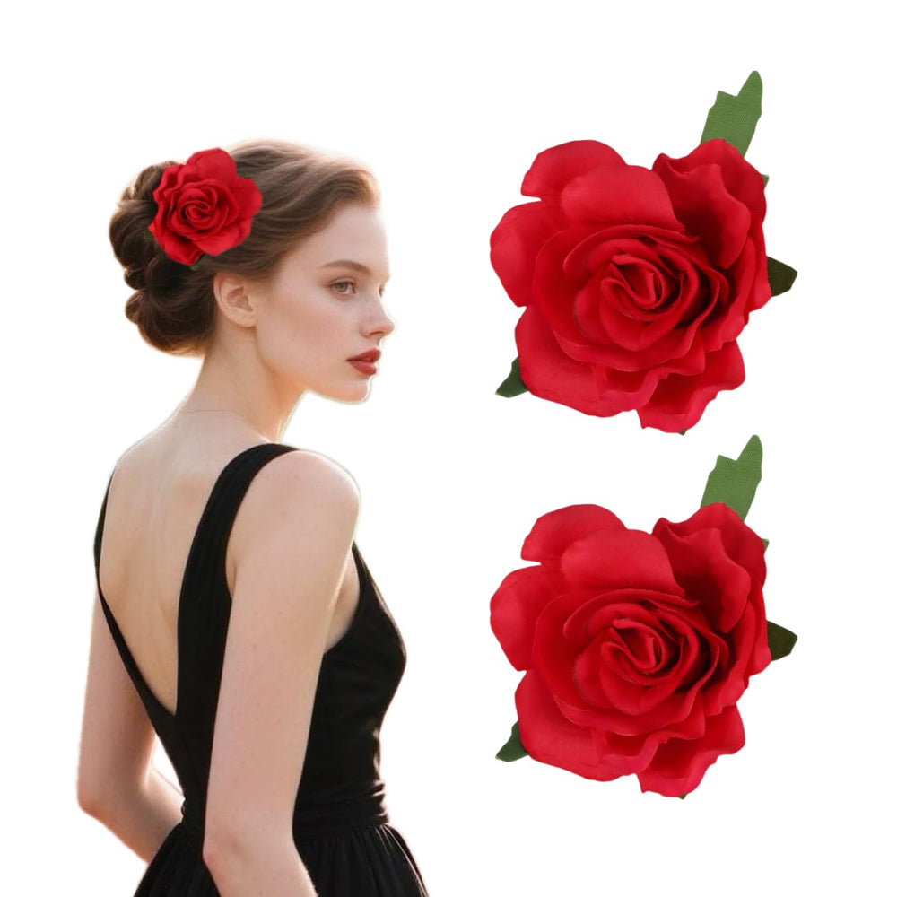 Fosrisix front view of two red rose clips showing vibrant color and leaves benefit: instant floral styling