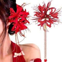 FQYN front view of red spider lily hair clip shows elegant floral detail and balance