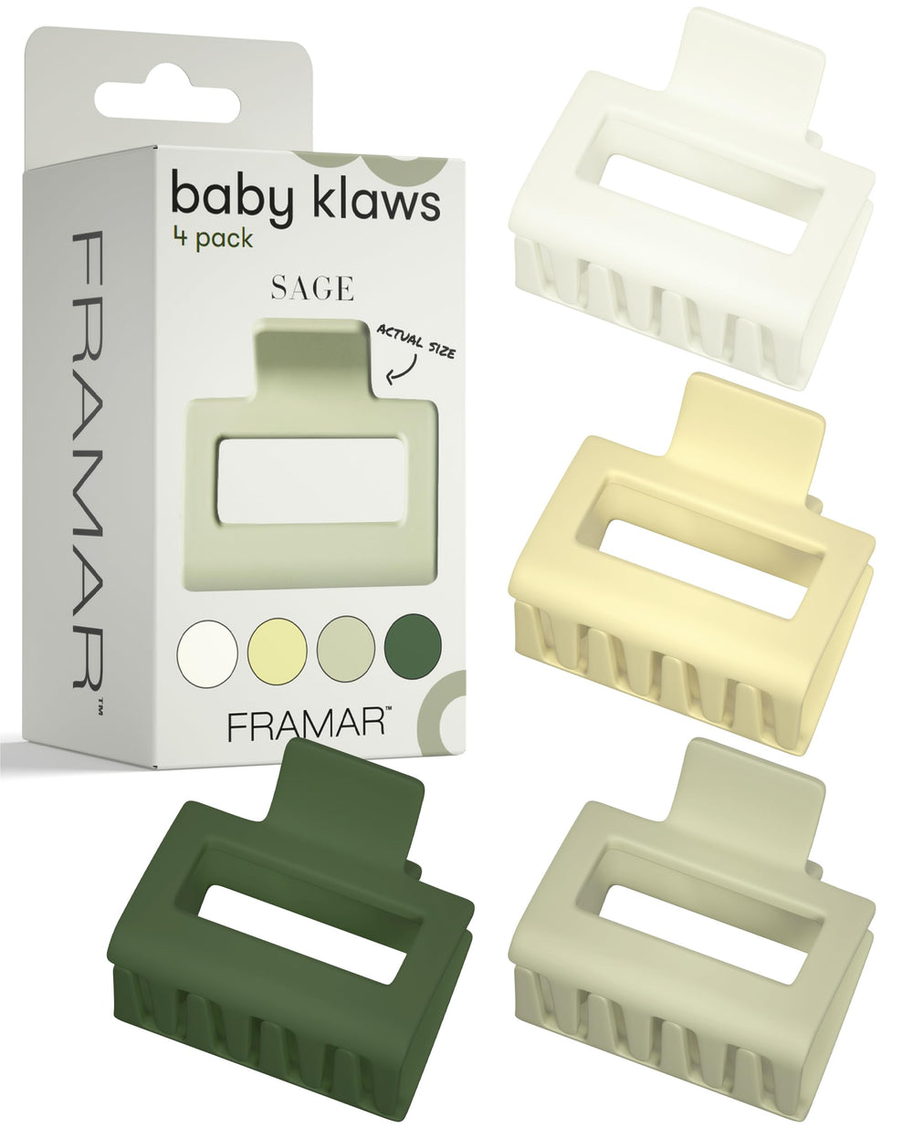 FRAMAR medium claw clip front pack showing four green shades and packaging benefits