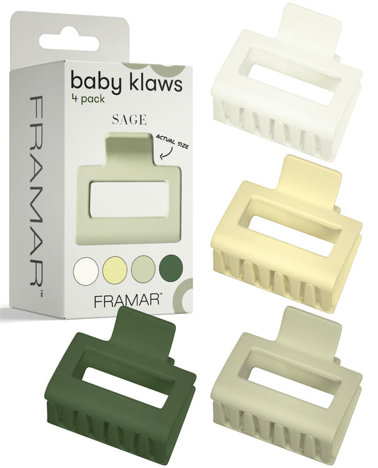 FRAMAR medium claw clip front pack showing four green shades and packaging benefits