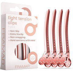 FRAMAR front view of four rose gold metal clips showing professional hold