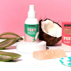 Freeman bottle beside handrail for scale showing 4 fl oz travel-friendly benefit
