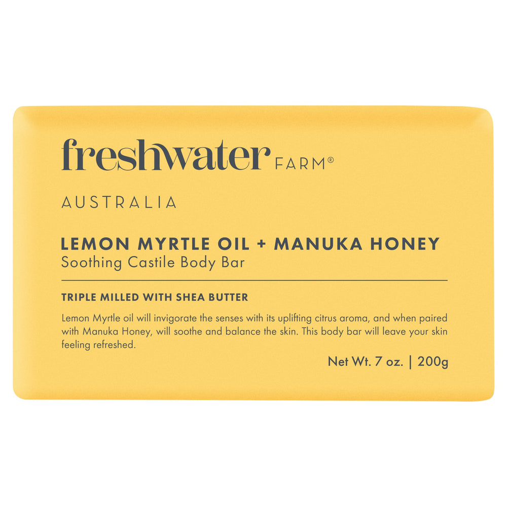 Freshwater Farm Australia body bar front packaging showing natural ingredients and benefit