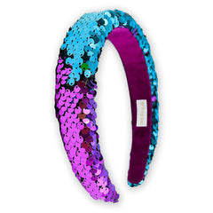 FROG SAC front view of teal and purple reversible sequin headband, sparkly accessory benefit