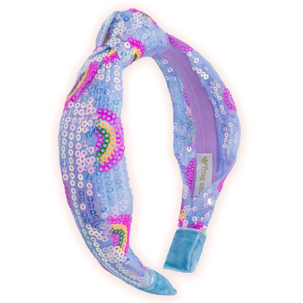 FROG SAC front view knot headband showing rainbow-blue sequins and shape for sparkle