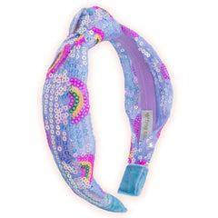 FROG SAC front view knot headband showing rainbow-blue sequins and shape for sparkle