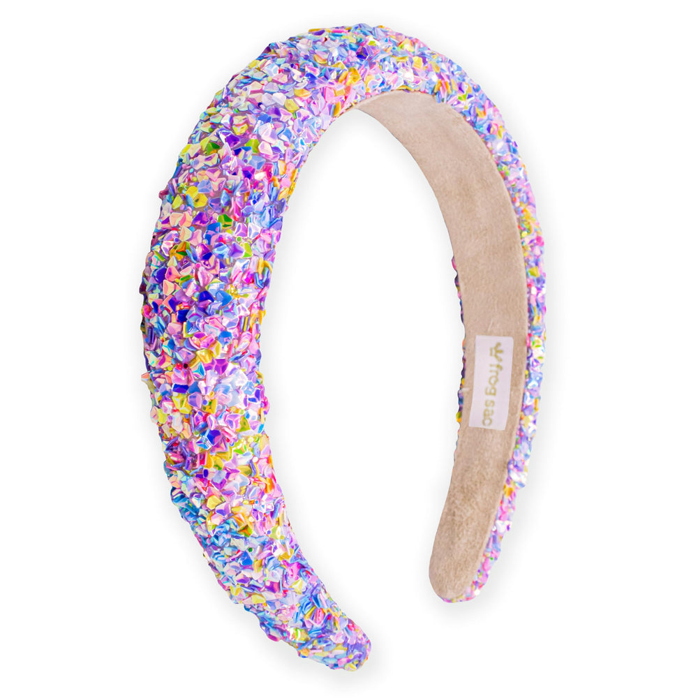 FROG SAC sequin headband front view showing rainbow sparkle and shape, enhances outfits