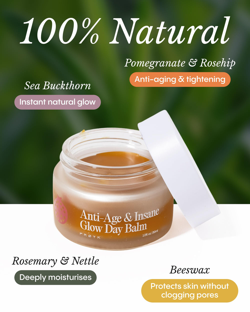 FRØYA open jar with label displaying ingredients and transparency benefit