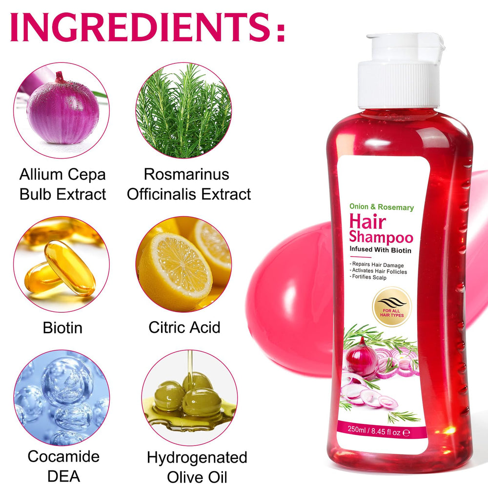 FSLHCY onion, rosemary and biotin ingredients displayed to illustrate natural formulation