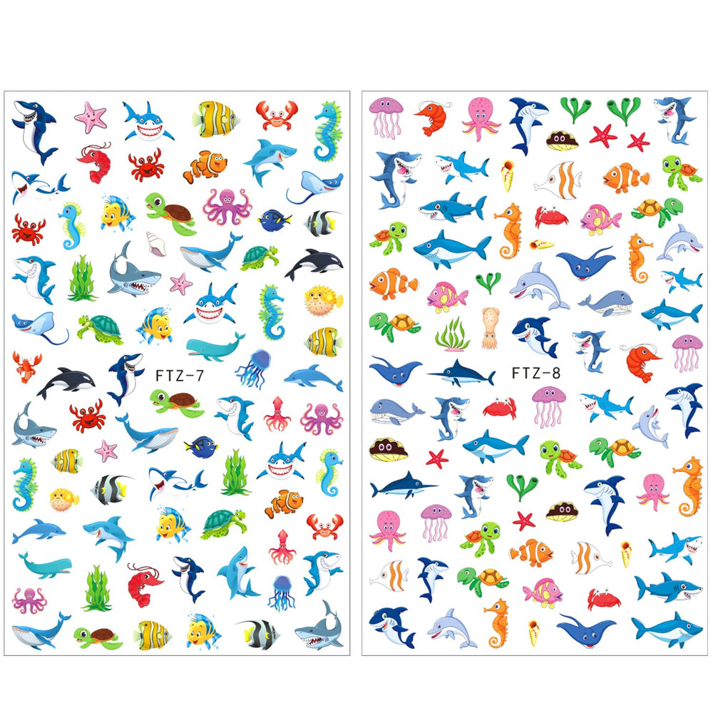 FUMIHIT stickers applied on manicured nails illustrating fun ocean style