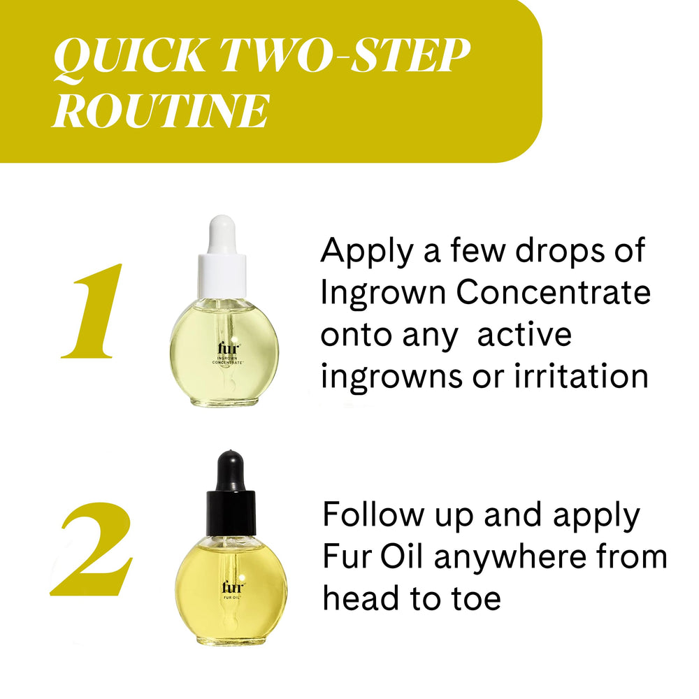 Fur concentrate bottle label visible for targeted application to soothe follicles and reduce redness