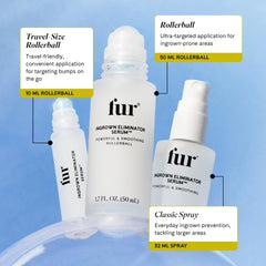 Fur bottle on bathroom counter alongside towel and razor showing daily routine use